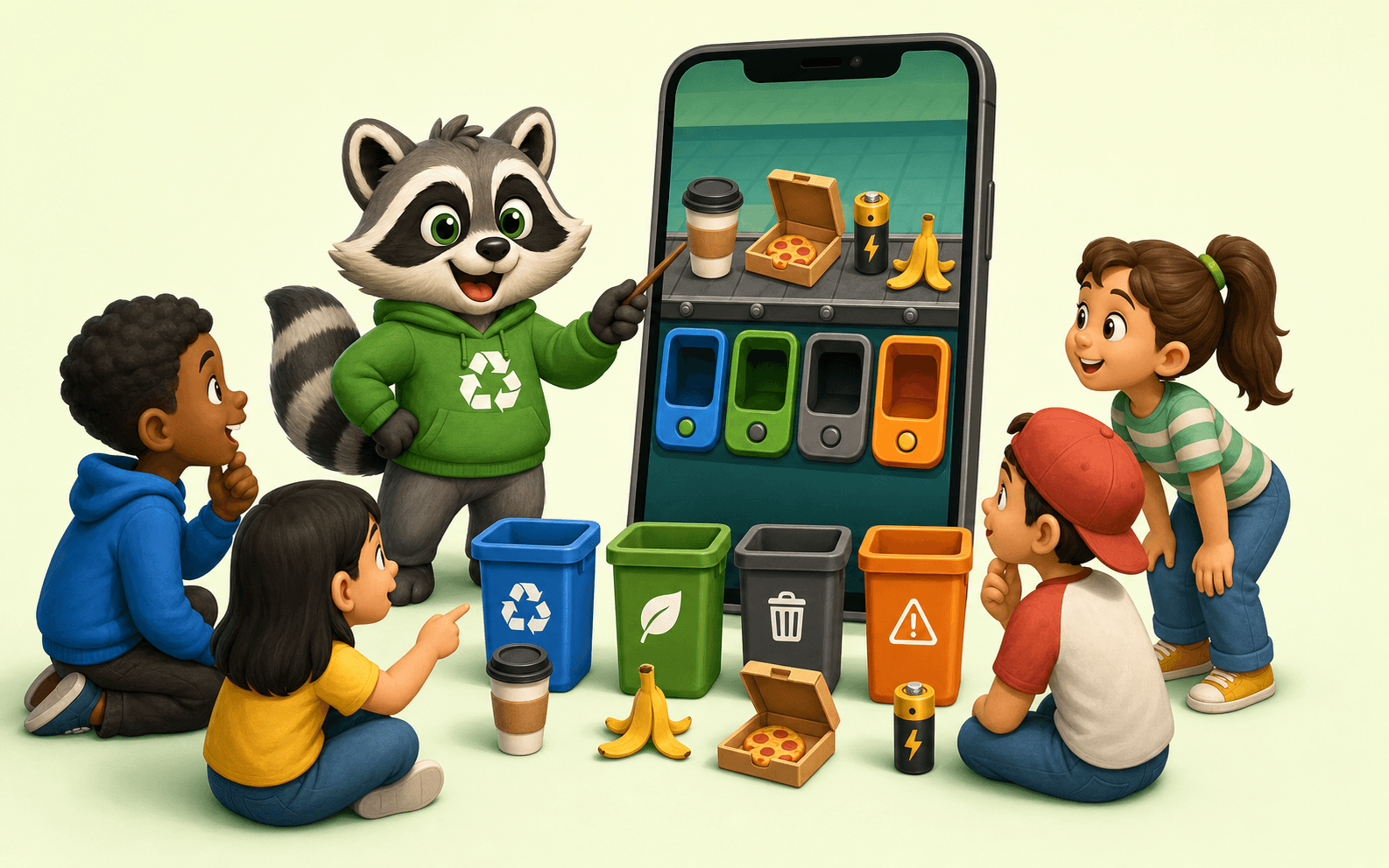 RefuseRush raccoon teaching players how to sort items in the game